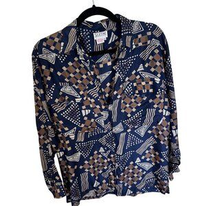 Vtg Silktime Womens Button Up Shirt Small Geometric Print 100% Silk 90s Blue